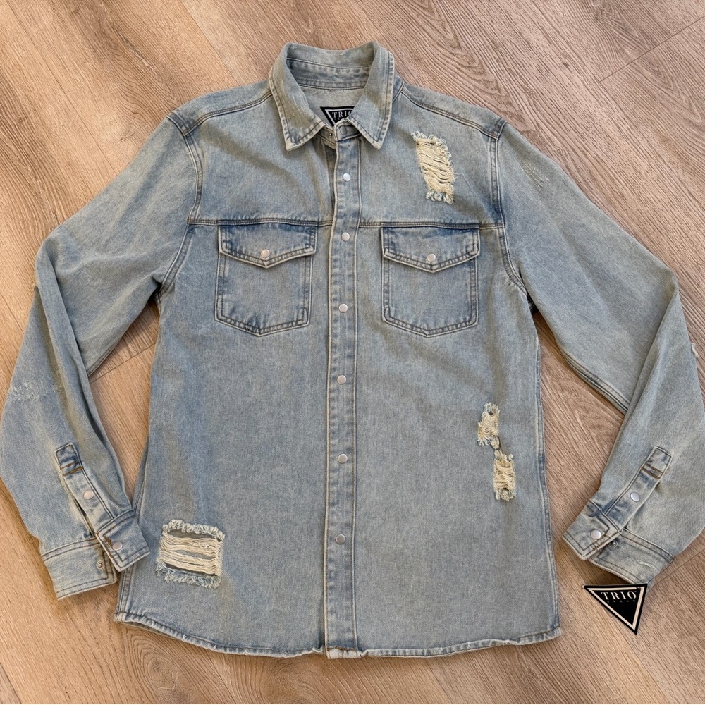 Trio New York Light Blue Distressed Denim Shirt